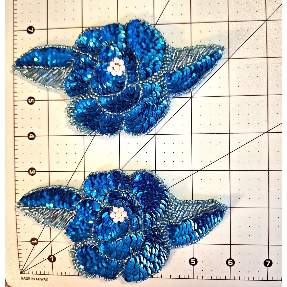 Turquoise sequin bead faux pearl flower applique set of 2